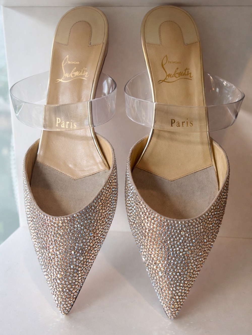 Christian Louboutin Nude Crystal-Embellished Pointed Mules with Clear Strap